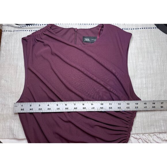 NWT Zara Womens Sleeveless Ruch Bodice Burgundy M Round Neck Mini Bodycon Dress - Picture 8 of 10